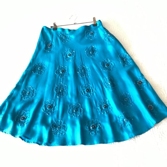 WD.NY Teal Blue 100% Silk Beaded Floral A-Line Skirt Size 12 - Picture 10 of 10